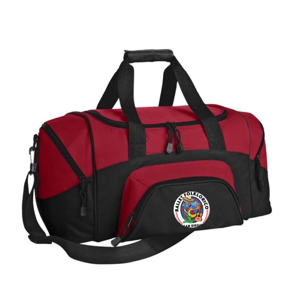 Red and black duffel bag featuring a logo for Ballet Folklorico San Diego, ideal for dance practice or travel.