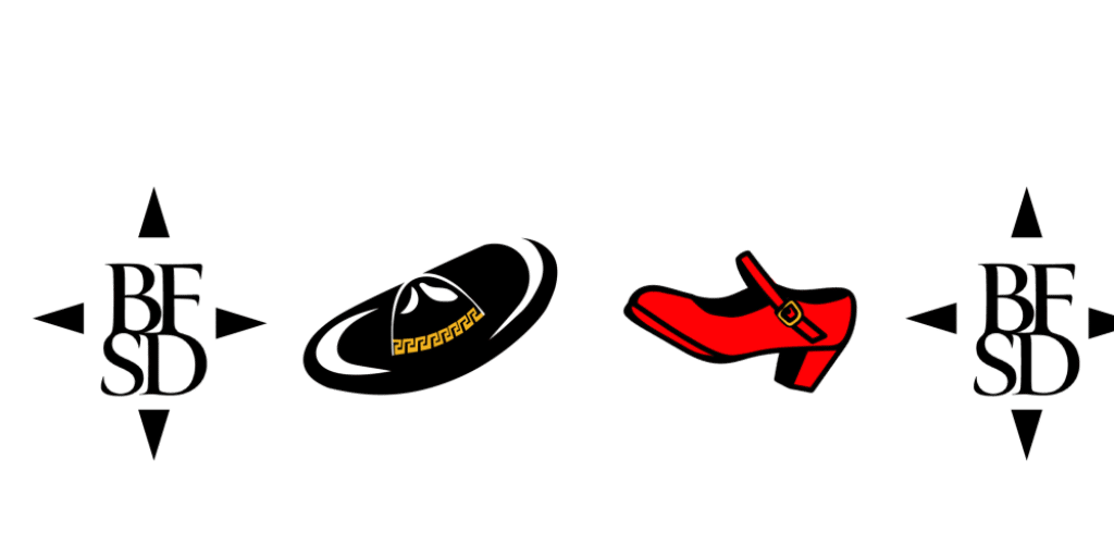 Three stylized icons represent different dance styles: a sombrero, a red dance shoe, and the initials "BFSD," indicating a dance-focused theme or event.