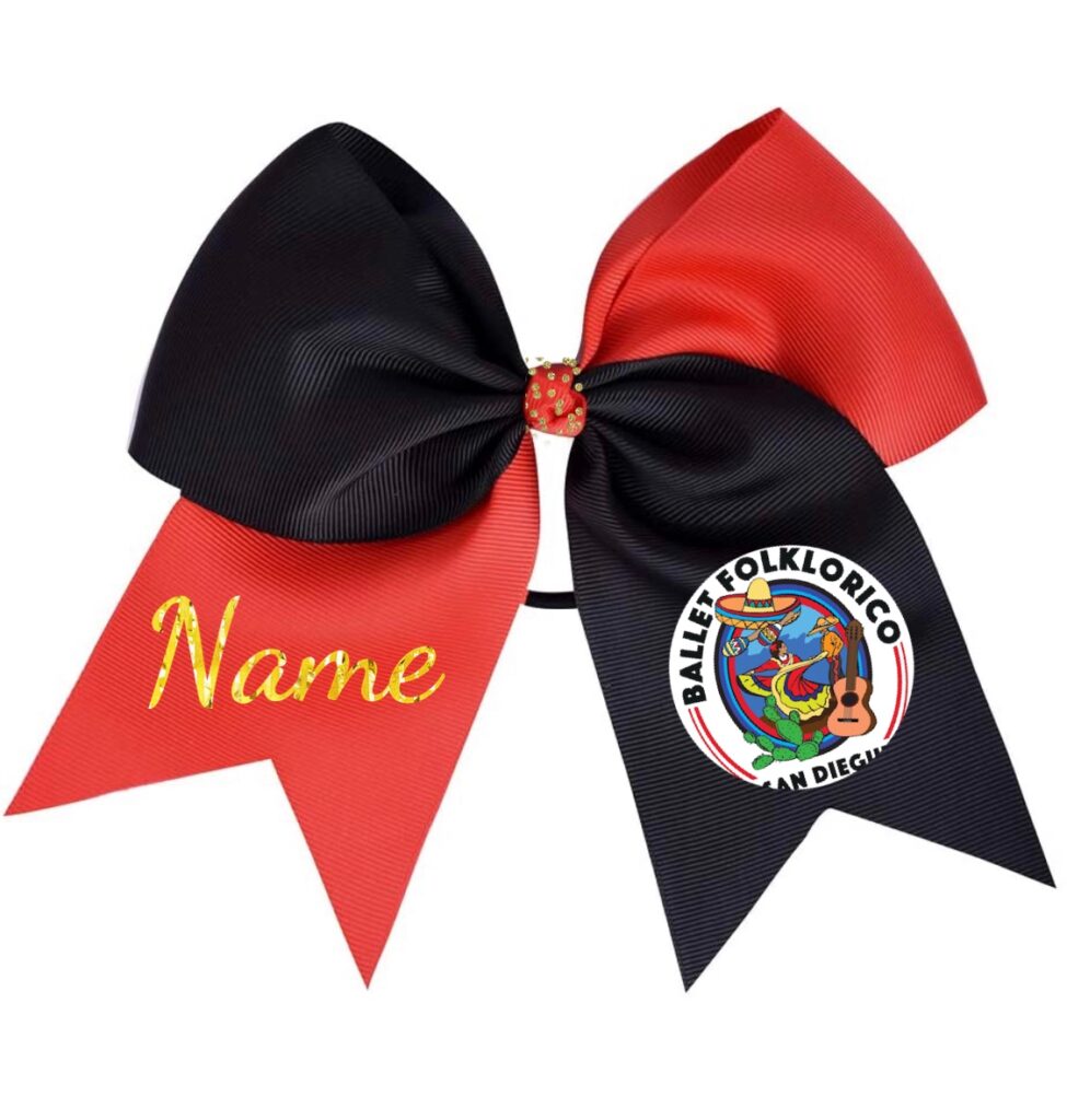 Red and black satin bow featuring a gold "Name" text and the Ballet Folklorico San Diego logo, symbolizing cultural celebration and identity.