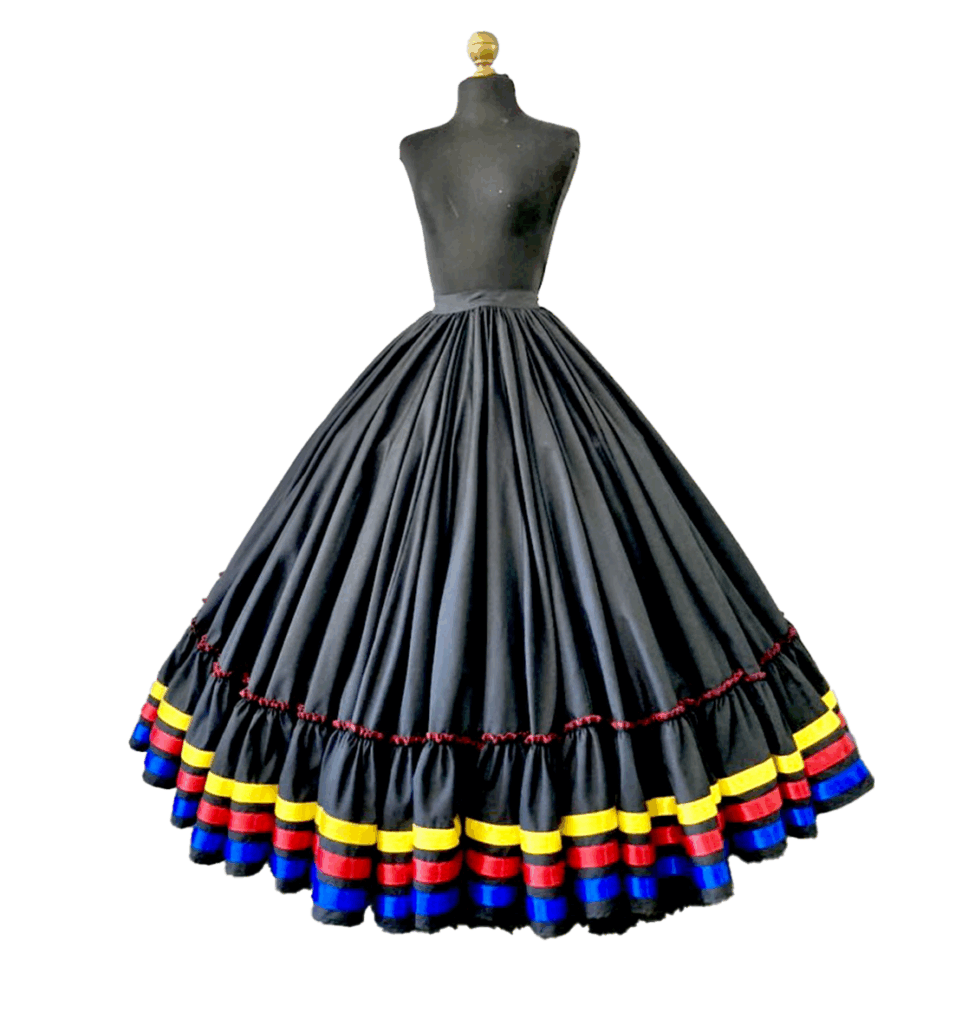 Traditional black skirt with vibrant striped hem in red, yellow, and blue, showcasing cultural attire often worn during festive events.