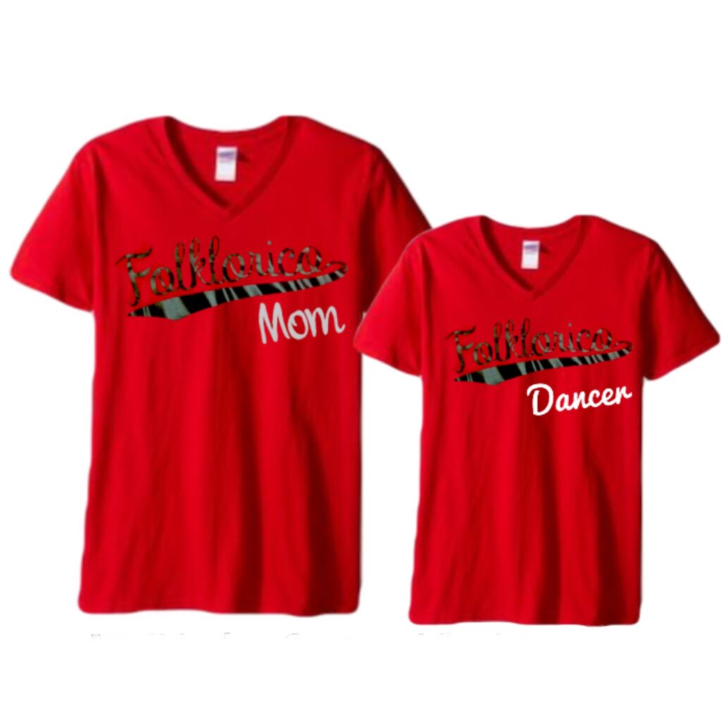 Red v-neck t-shirts displaying the text "Folklorico Mom" and "Folklorico Dancer," highlighting a connection to folkloric dance culture.