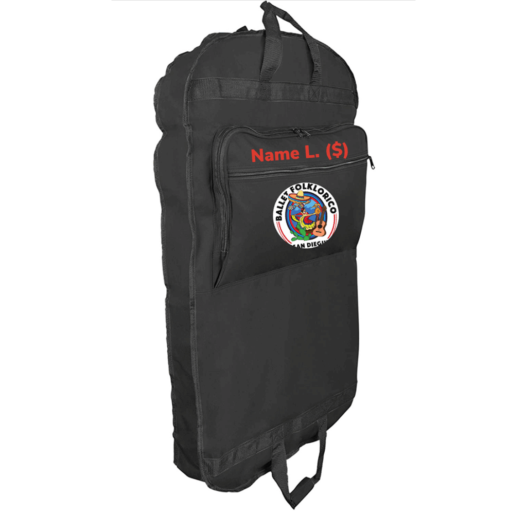 Black dance garment bag featuring a front pocket with "Ballet Folklorico San Diego" logo and a customizable name section. Ideal for storage and transport.