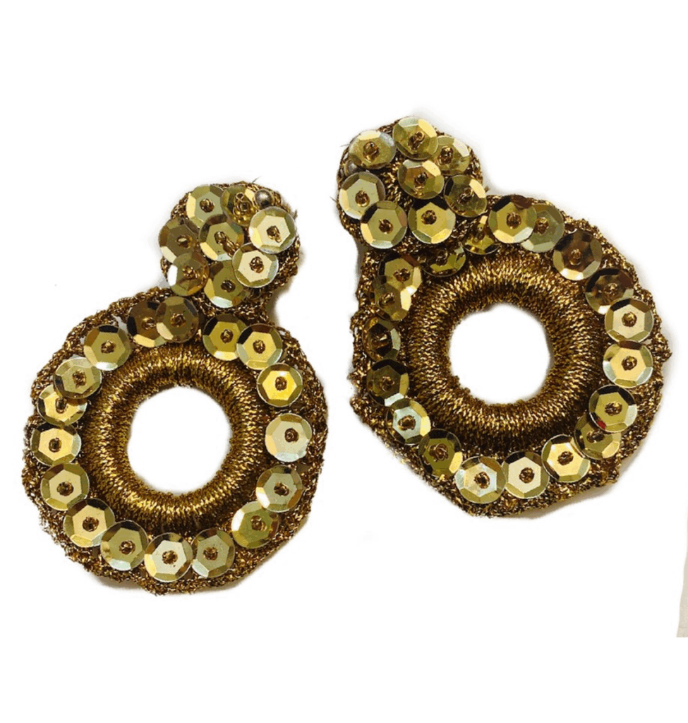 Gold sequined earrings featuring intricate circular designs, suitable for festive occasions or enhancing casual outfits.