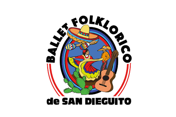 Ballet Folklorico de San Dieguito logo featuring vibrant dancers in traditional attire and instruments, celebrating Mexican cultural heritage.