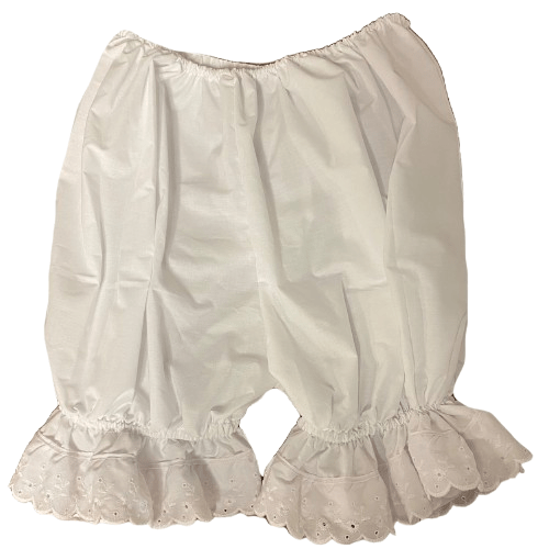 White cotton bloomers with elastic waistband and decorative scalloped trim at the hem. Suitable for historical or costume contexts.