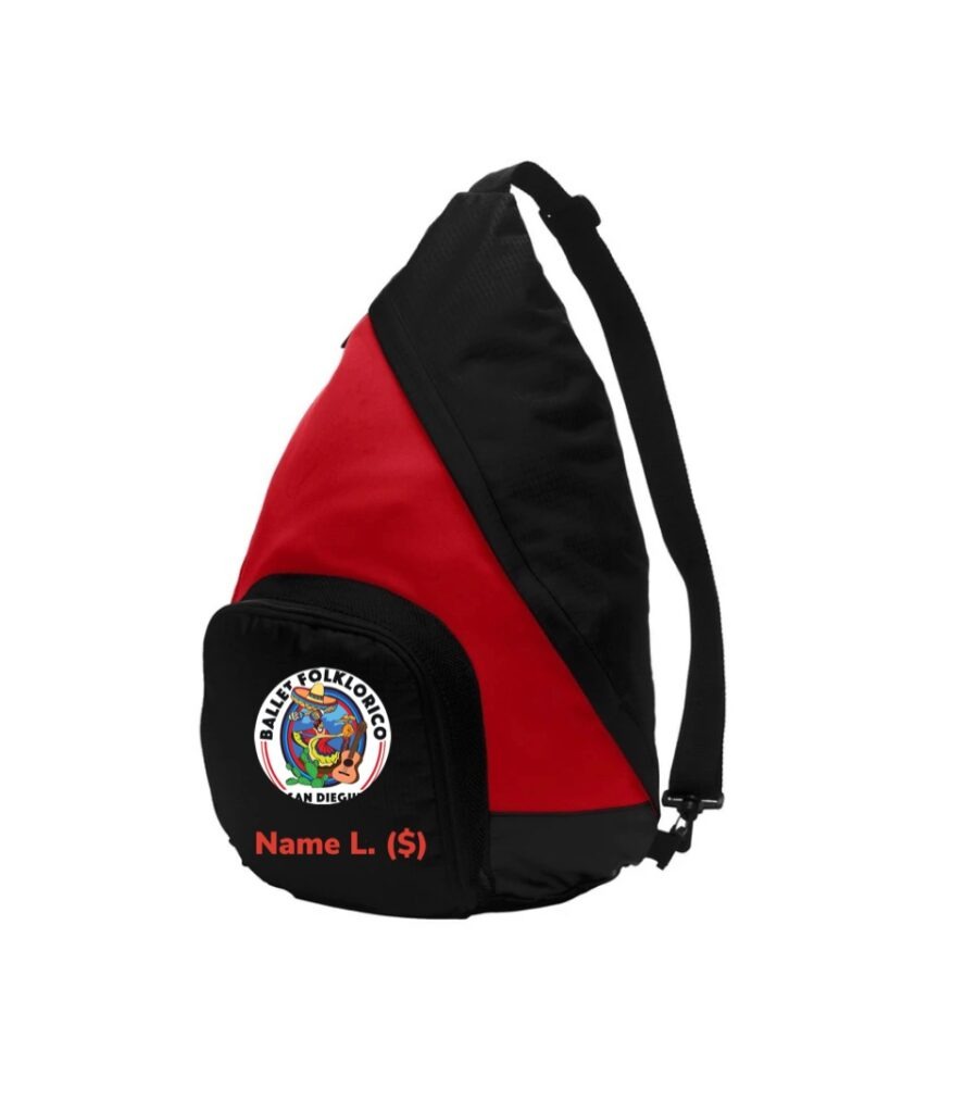 Red and black sling bag featuring a "Ballet Folklorico San Diego" logo and personalized name text. Ideal for dance or cultural events.
