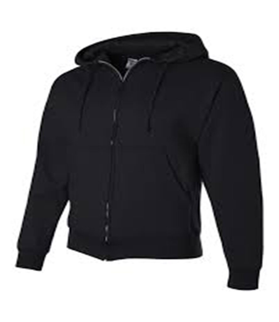 Black zip-up hoodie with a hood and drawstrings, showcasing a casual and versatile style suitable for layering or everyday wear.