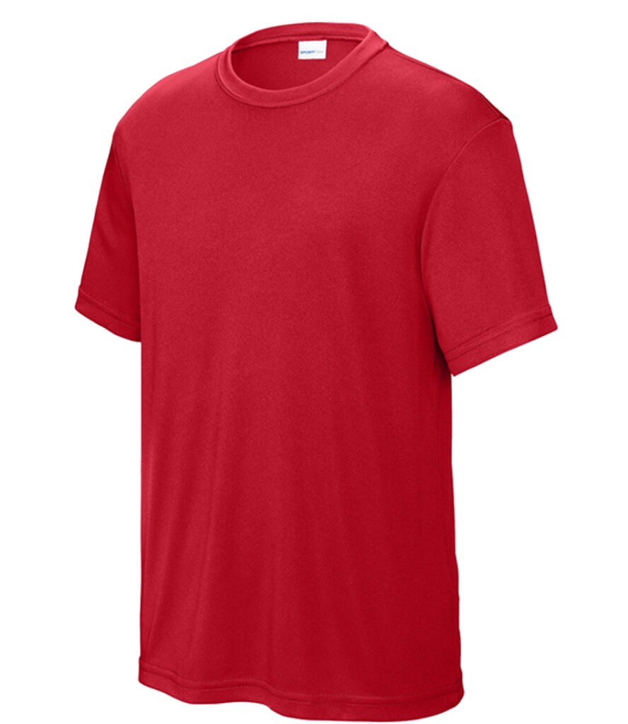 Vibrant red short-sleeve t-shirt, showcasing a classic design suitable for casual wear or sporting events. Ideal for promotional use or team uniforms.