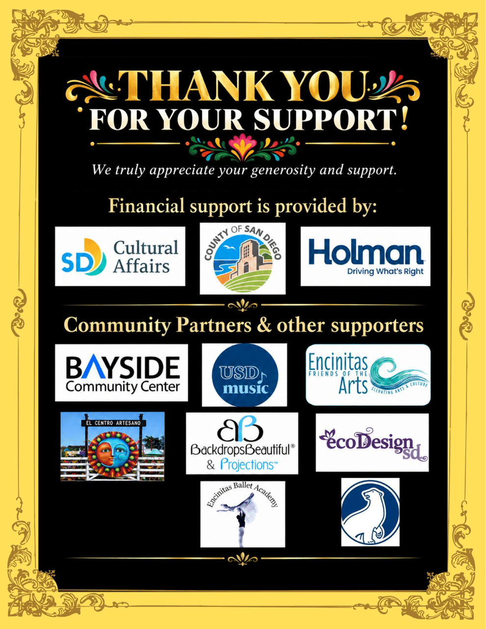 "Thank you for your support! Acknowledgment of sponsors and community partners contributing to local arts, featuring logos of supporting organizations."